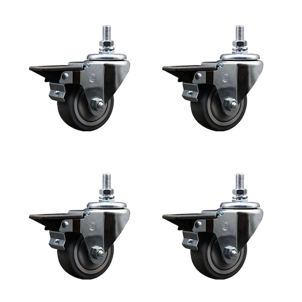 3 Inch Thermoplastic Rubber 10 MM Threaded Stem Caster Set with Brake